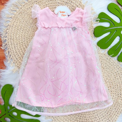 Vestido em Tule com Paetê e Borboletas - Rosa Bebê